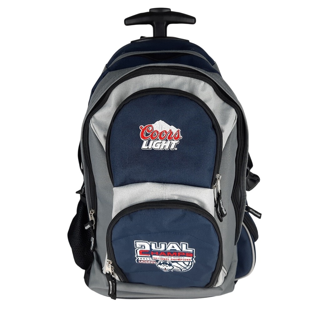 Uconn Huskies Dual NCAA Champs Basketball Coors Light Rolling Backpack Blue Grey